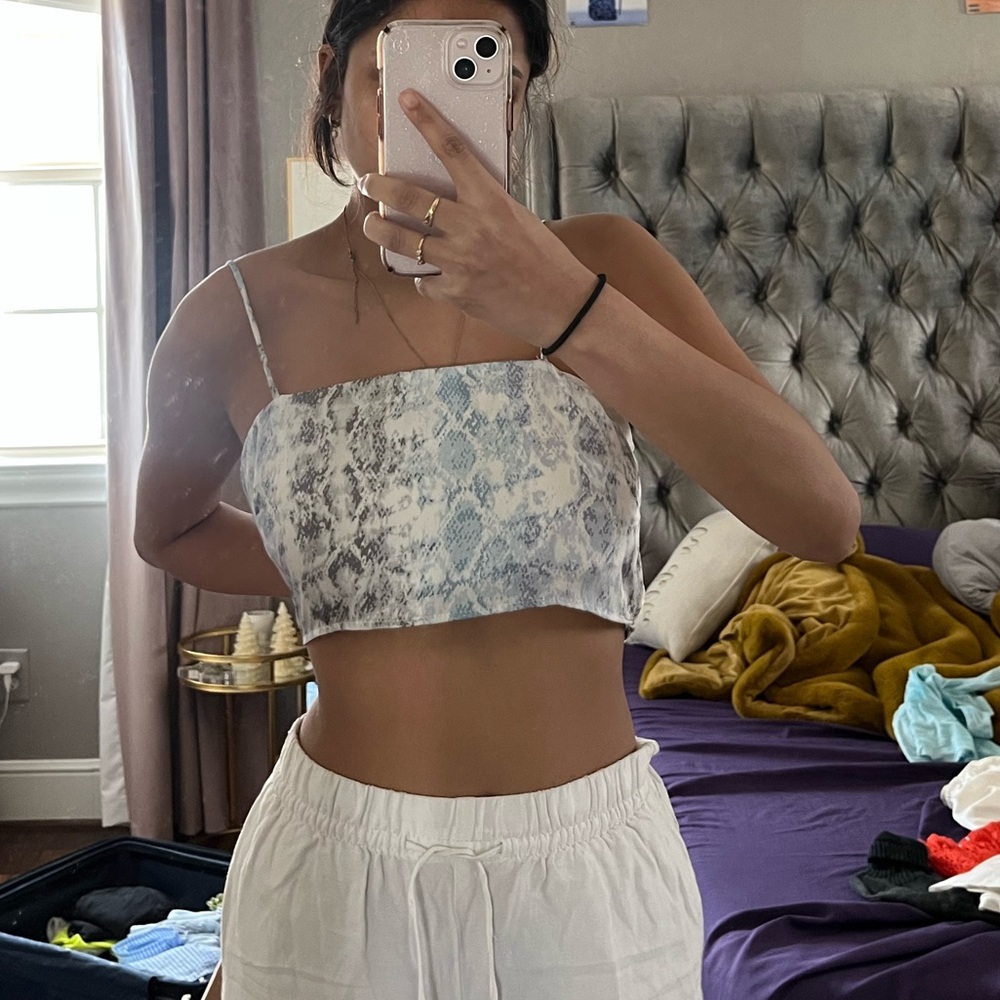 light blue satin snakes skin cropped top, size small